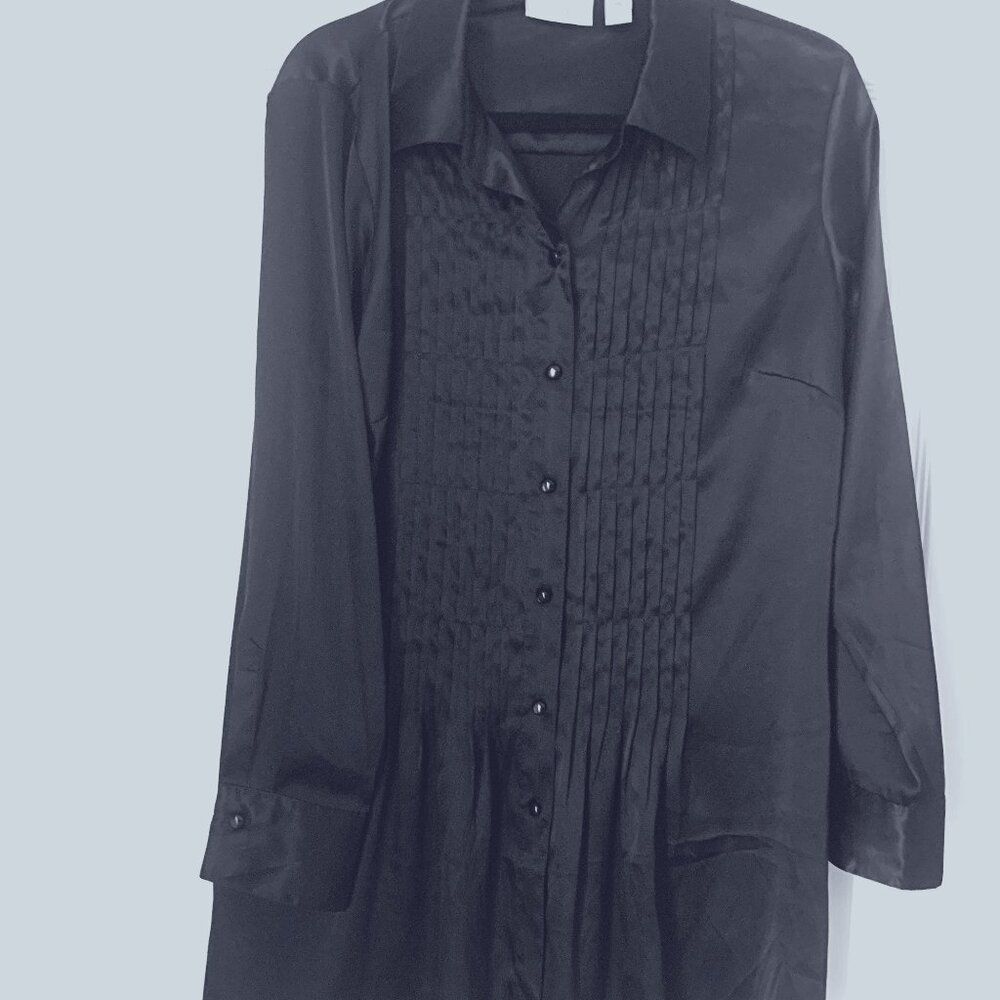 Chico's Sz Pleated 32" Black Luxury Satin Tunic Shirt Top Blouse